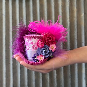 Micro Mini Top Hat, Pink and purple tea Flower mini hat, Alice in Wonderland, Tea party top hat, Kentucky Derby mini hat, hot pink hat