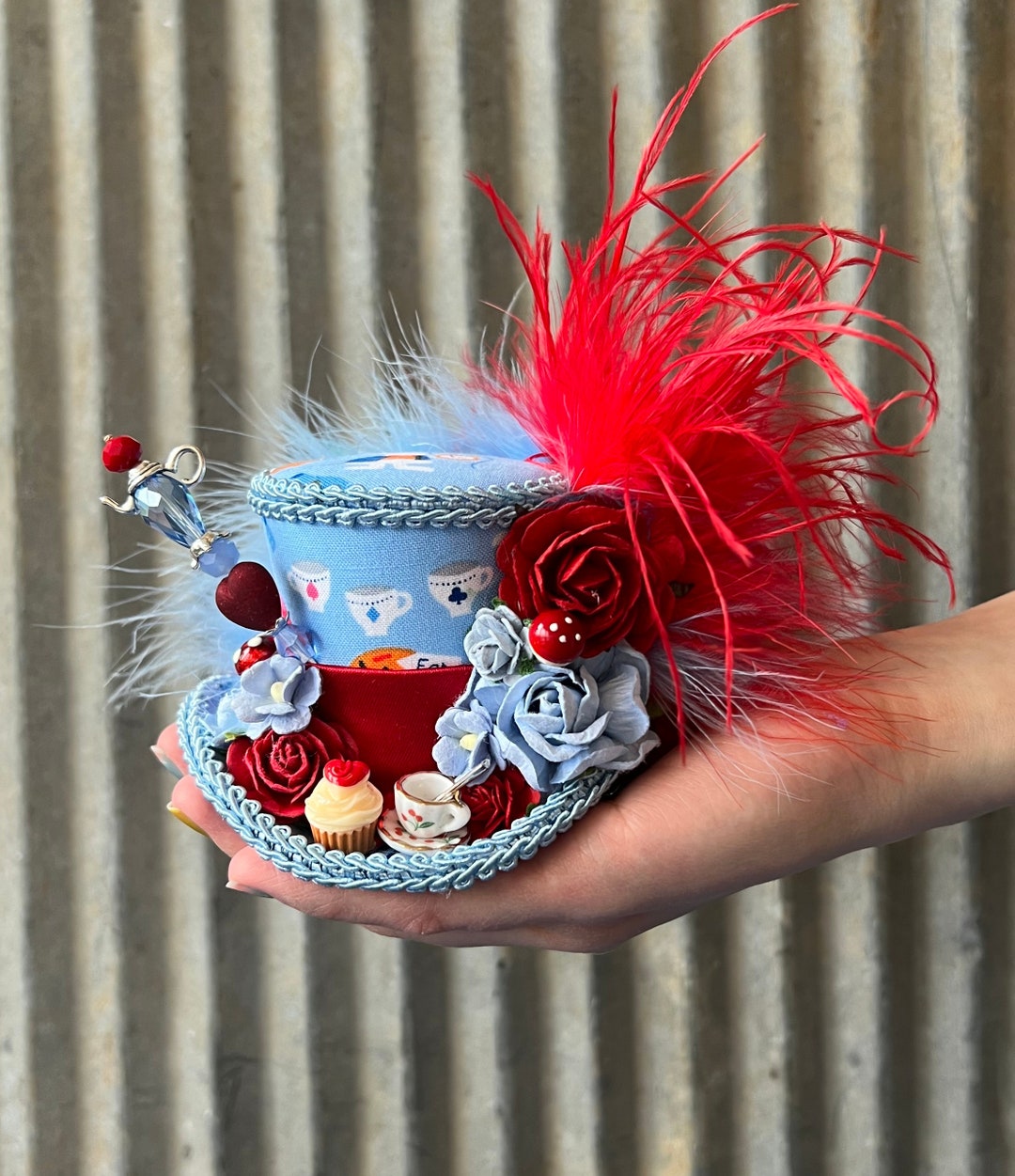Micro Mini Top Hat Tea Cup Hat Red and Blue Hat Alice in Etsy