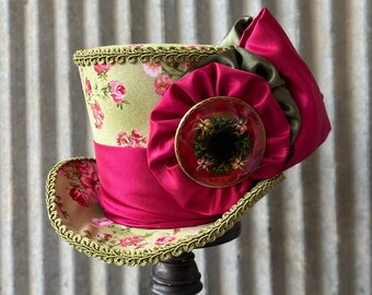 Mini Top Hat,Gilded age hat, Alice in Wonderland Mini Top Hat, Pink and Green Hat, Mad Tea Party, Mad hatter hat, medium