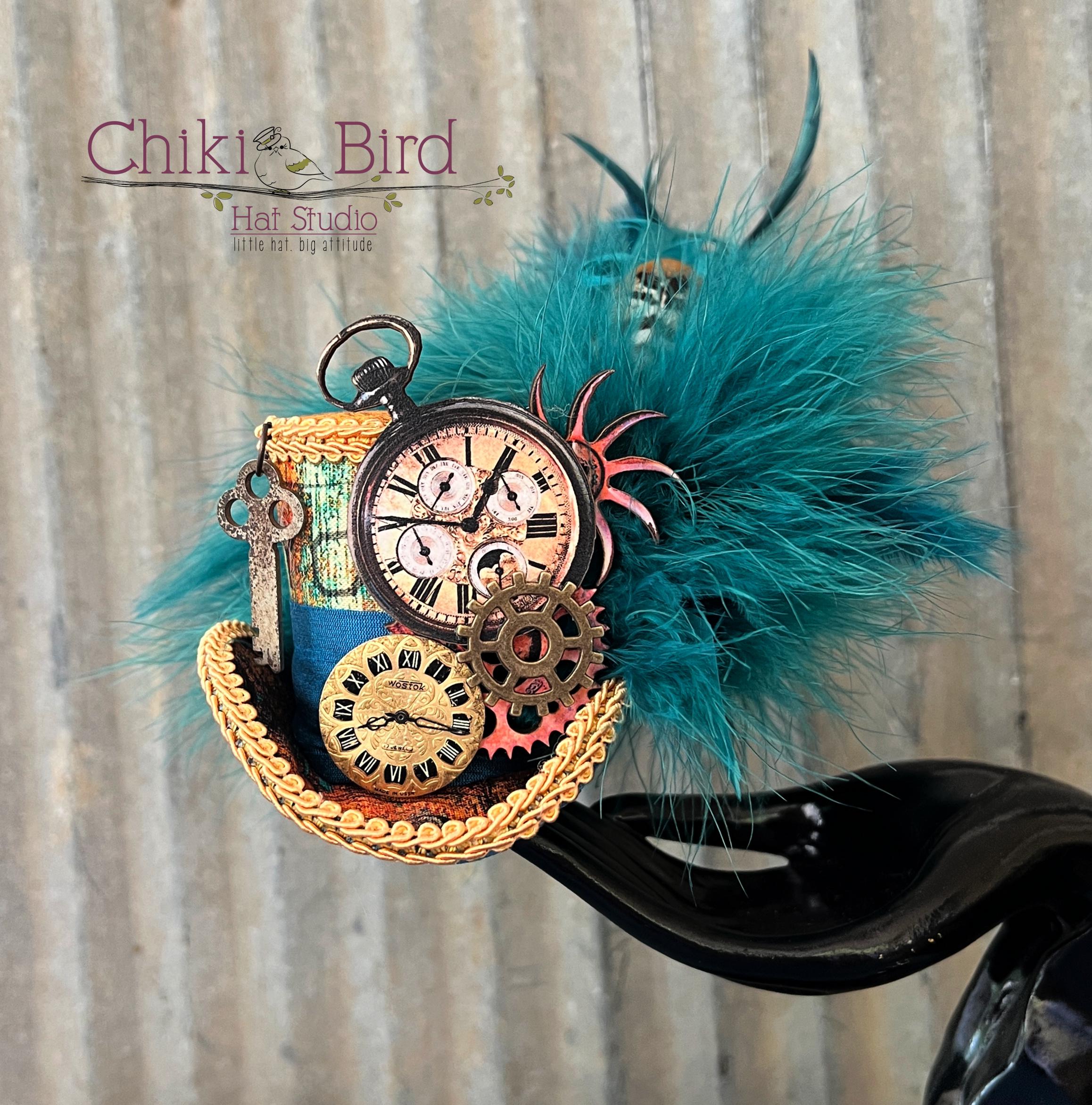 Micro Mini Top Hat, Steampunk Peacock Blue Hat,cog and Gear  display picture 1