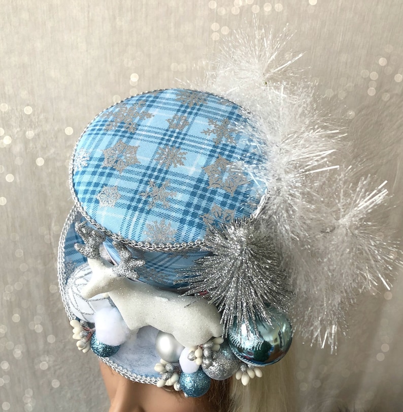 Christmas Reindeer Mini Top Hat Tea Party Hat Tree topper Christmas Mini Top hat Blue Snowflake Christmas hat, Frozen Blue Tree Topper