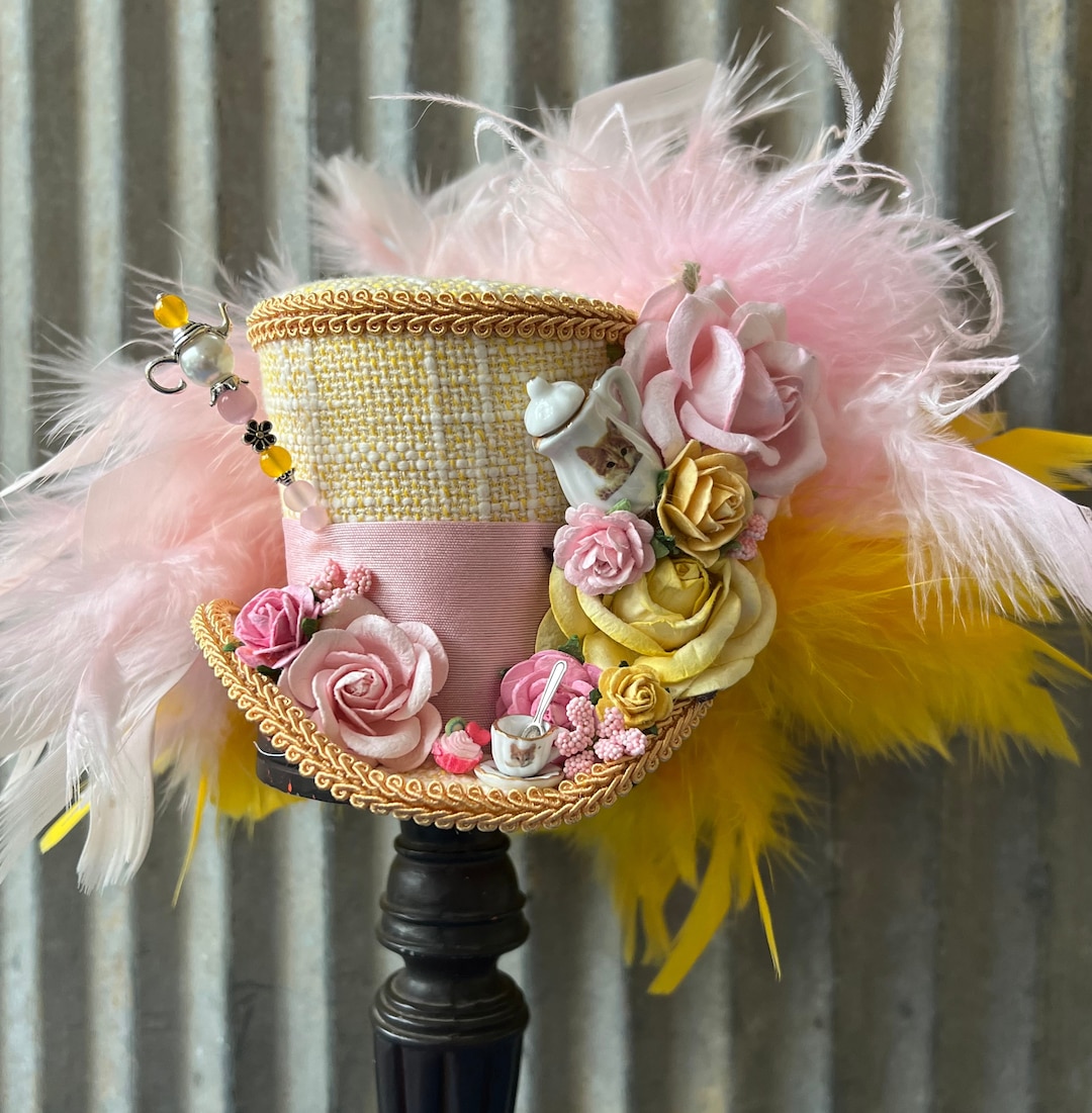 Mini Top Hat, Tea Hat, Pink and Yellow Tea Cup Hat, Alice in Wonderland