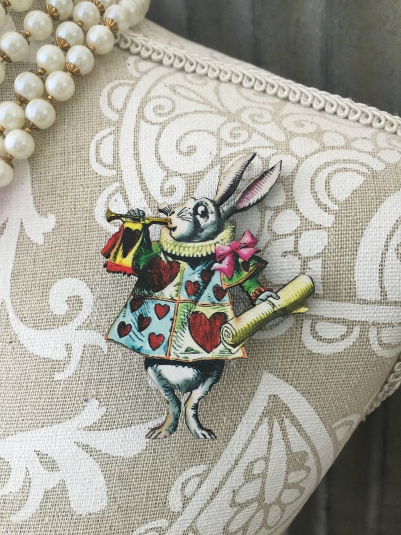 Tea Party Pin Birthday Gift White Rabbit Brooch Mad TEa Party Rabbit pin Bridal Shower Stocking Stuffer Alice in Wonderland pin