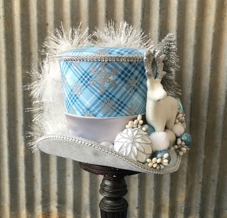 Christmas Reindeer Mini Top Hat Tea Party Hat Tree topper Christmas Mini Top hat Blue Snowflake Christmas hat, Frozen Blue Tree Topper