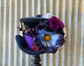 Mini Top Hat, Navy Celestial Mini Top Hat, Flower Hat, Kentucky derby Mini hat, Navy and purple Tea Party Hat, Mad Hatter Party, Medium Mini