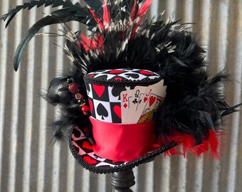 Mini Top hat, Derby hat,Queen of Hearts hat, Card Hat, Alice in Wonderland Hat, Mad Hatter Hat. Tea Party Hat, Vegas mini top hat, medium