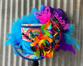 Mini Top Hat, Rainbow Mini Top Hat, Rainbow Hat, Rainbow Pride hat, Pride Parade HAt, Mad hatter hat, Alice in Wonderland Hat,medium