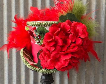 Mini Top Hat, Red flower Kentucky Derby hat, Red geranium derby Hat, Alice in Wonderland Mini Top Hat, Garden Tea Party Hat, medium mini