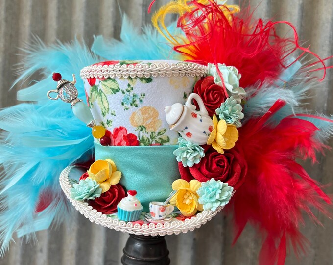 Mini Top Hat, Tea Hat, Red and Blue Tea Cup Hat, Alice in Wonderland