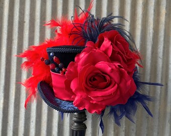 Mini Top hat, Kentucky Derby Mini Hat, Navy blue Hat, Red Rose hat, Alice in Wonderland, Mad Tea party mini hat, Red Rose hat, medium