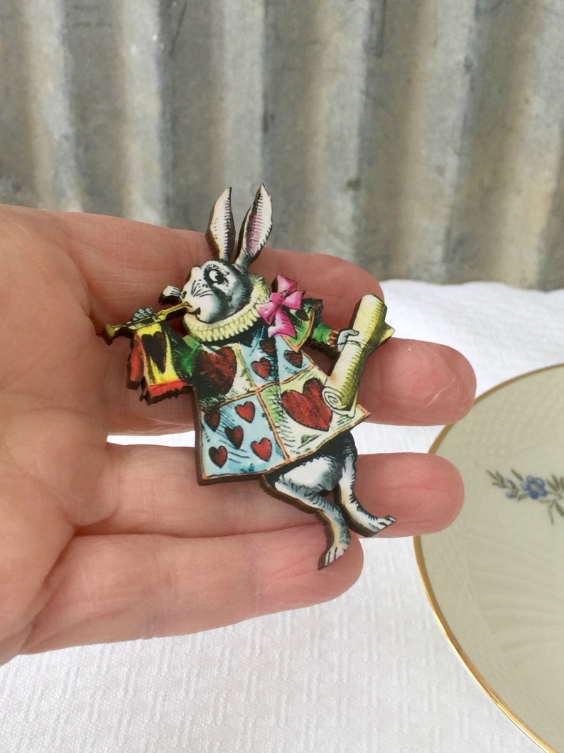 Tea Party Pin Birthday Gift White Rabbit Brooch Mad TEa Party Rabbit pin Bridal Shower Stocking Stuffer Alice in Wonderland pin