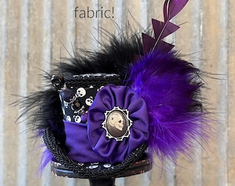 Halloween Mini Top Hat,Micro skull Mini Top Hat,Glow in the DArk Hat, Alice in Wonderland, Mad hatter hat, Glow in the dark purple skull hat