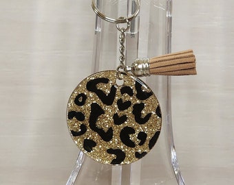 Champagne and Black Leopard Print Keychain Bag Charm with Tassel