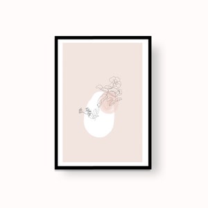 May include: A minimalist line drawing of a flower with a pink and white watercolor background. The image is framed in a black frame.