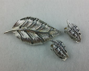 Coro Silver Tone Leaf Brooch and Matching Earrings