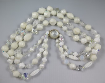 Hattie Carnegie Three-Strand White, Clear and Frosted Bead Necklace