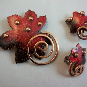 Matisse Demi - Red Leaf Brooch and Earrings.