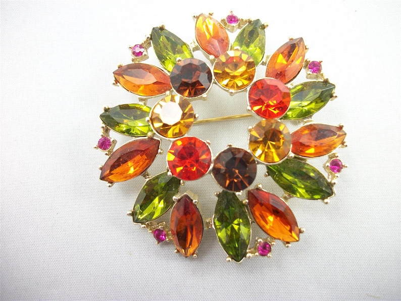 SALE Gorgeous Emmons Silver Tone Brooch orange and green Rhinestones Dark and light topaz