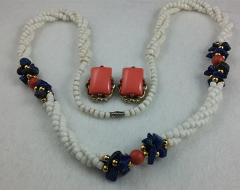 SALE       White Bead Necklace with Blue Lapis Nuggets and Matching Clip Earrings