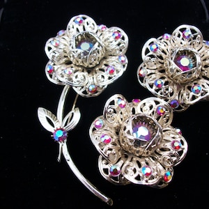 Vintage Sarah Coventry Gold Tone and Red AB Brooch with Large Matching Earrings.