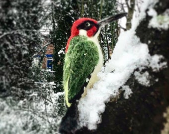 Green Woodpecker .... needle felted wool bird sculpture.