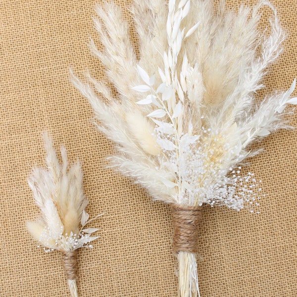 Bridal Bouquet/ Pampas Bouquet/ Bridesmaid Bouquet/ Neutral Tones Dried Flower Bouquet with Boutonniere Set