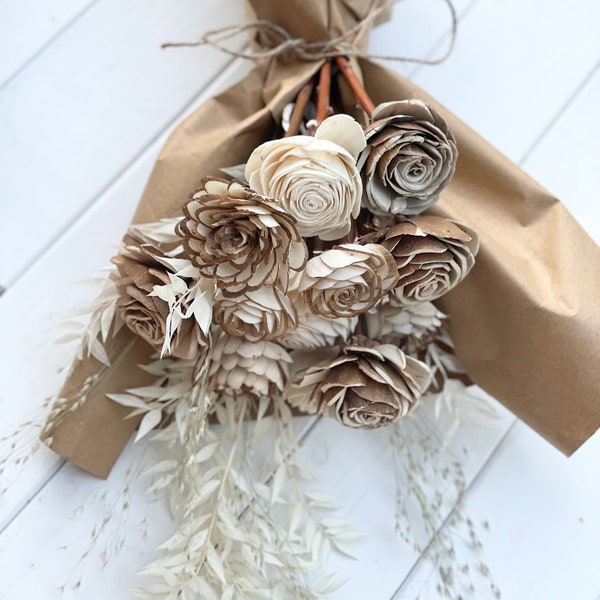 Houten bloemen, Sola-houtbloemen, cadeau 5e verjaardag, Sola-boeket, cadeauboeket, rustieke bloemen, cadeau voor haar, 5-jarig jubileum, liefde