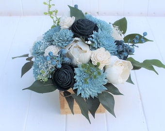 Dusty Blue Navy  and Ivory Sola Wood Flower Centerpiece/ Flower Arrangement/ Home Decor/ Wedding Centerpiece tables/ Gifts