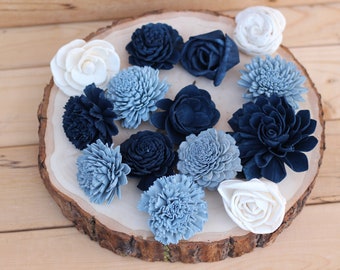 Sola Wood Flower Assortment 30 SET, navy dusty blue sola flowers, wedding flowers, cake flowers, sola wedding bouquet, sola bouquet