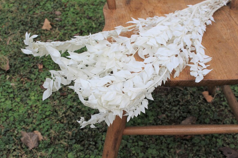 May include: A bunch of white dried leaves arranged on a wooden chair. The leaves are delicate and have a natural, rustic look.