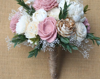 Bouquet de fleurs sola rose cendré et blanc naturel, bouquet de mariage, bouquet en bois, bouquet sola, bouquet de mariage, bouquet de fleurs en bois sola