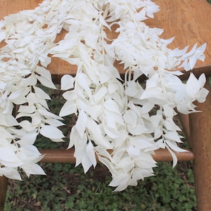 May include: White artificial greenery garland with long, flowing leaves. The garland is draped over a wooden chair.