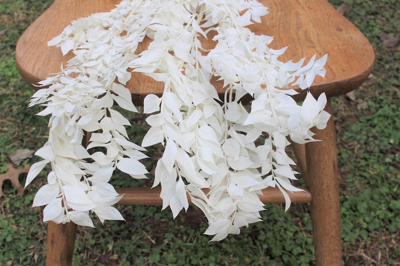 May include: White artificial greenery garland with long, flowing leaves. The garland is draped over a wooden chair.