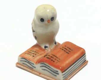 Miniature Animals Ceramic White Owl Bird On Open Book Ceramic Hand painted
