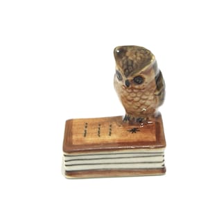 Miniature Animals Ceramic  Brown Owl Bird On Book Ceramic Hand painted