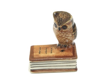 Miniature Animals Ceramic  Brown Owl Bird On Book Ceramic Hand painted