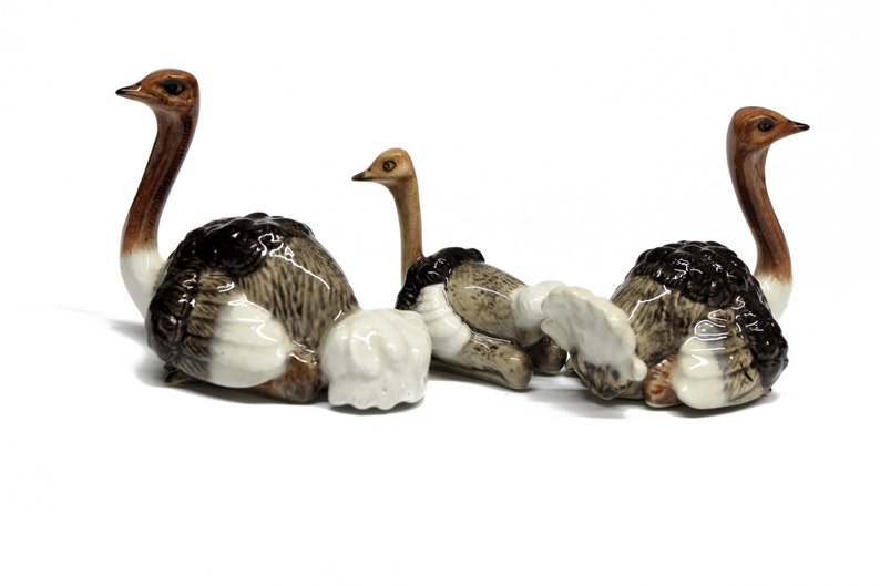 Animals Ceramic Ostrich Bird Family Figurine Hand painted image 2