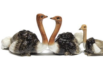 Animals Ceramic Ostrich Bird Family Figurine Hand painted
