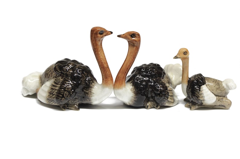 Animals Ceramic Ostrich Bird Family Figurine Hand painted image 1