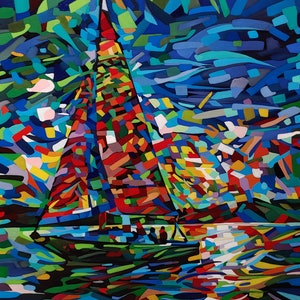 Pintura abstracta de veleros, pintura de yates, arte contemporáneo de yates, pintura temática oceánica