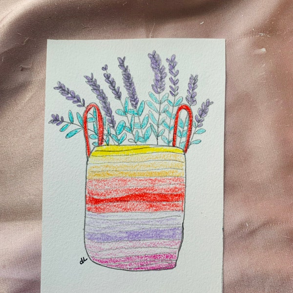 Lavender art - small gift - hand drawn - basket - basket art