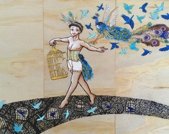 Artwork 'Birds of a Feather' original collage featuring Ollie from the webcomic Swing Time, mixed media ink drawing burlesque Pride-themed