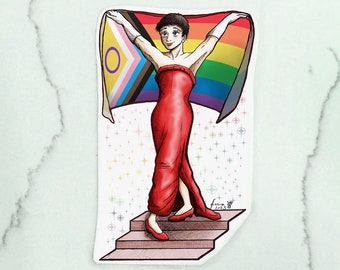 Swing Time! sticker - 'Our Flag Means Victory', DONATE to All Out, Ollie's homage to Audrey Hepburn, Funny Face Givenchy pride progress flag
