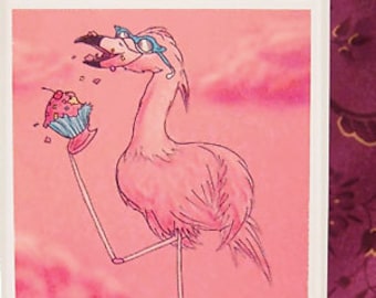 Frosted Flamingo greeting card, pink bird with cupcake illustration