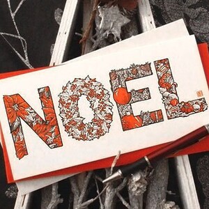 NOEL Christmas card; lettering decorative typographic festive Xmas greeting card, long DL size