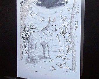 DONATE to RSPCA: german shepherd Cabal Card 'White Wanderland', featuring Neil Gaiman's dog