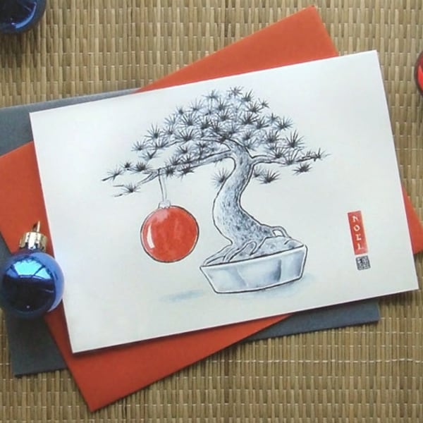 Christmas Pine greeting card: Japanese-themed holiday card, with decorated Bonsai tree