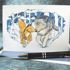 The Fox and the Wolf greeting card; cute animal anniversary/friendship blank card
