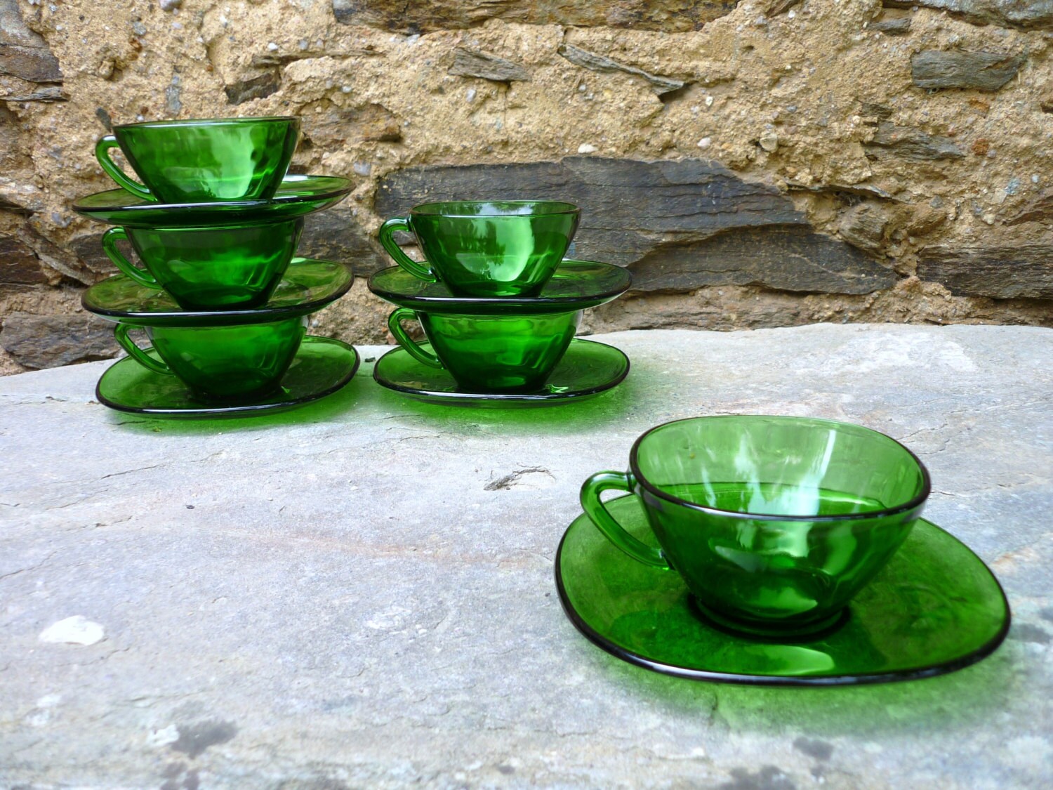 Six French 'vereco' green glass coffee/tea cups and Etsy