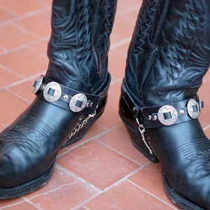 Paski do butów Concho, uprząż do butów kowbojskich w stylu western, skórzane paski do butów, łańcuchy, ostrogi, klamra, męskie, damskie, steampunk, czarne